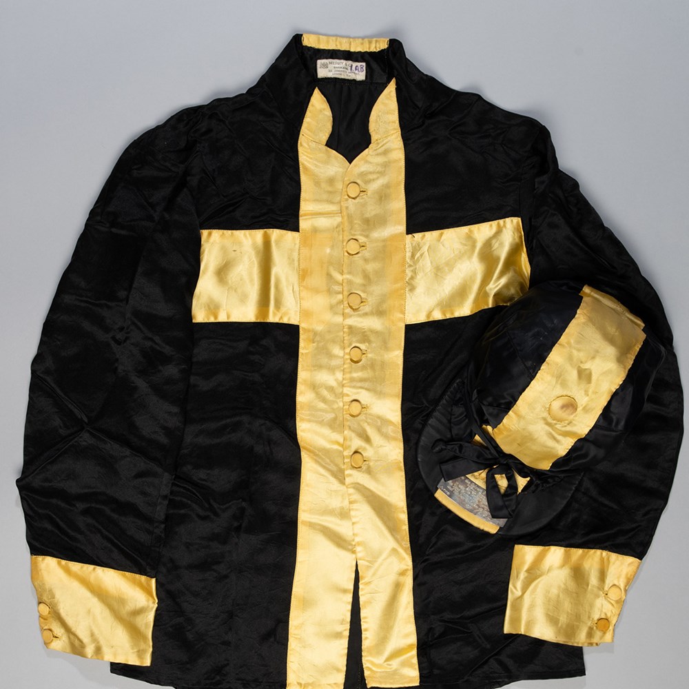 The historic racing silks worn by jockey Geoff Lewis when riding Mill Reef to victory in the 1971 Epsom Derby, Eclipse Stakes, King George VI and Queen Elizabeth Stakes and Prix de l'Arc de Triomphe