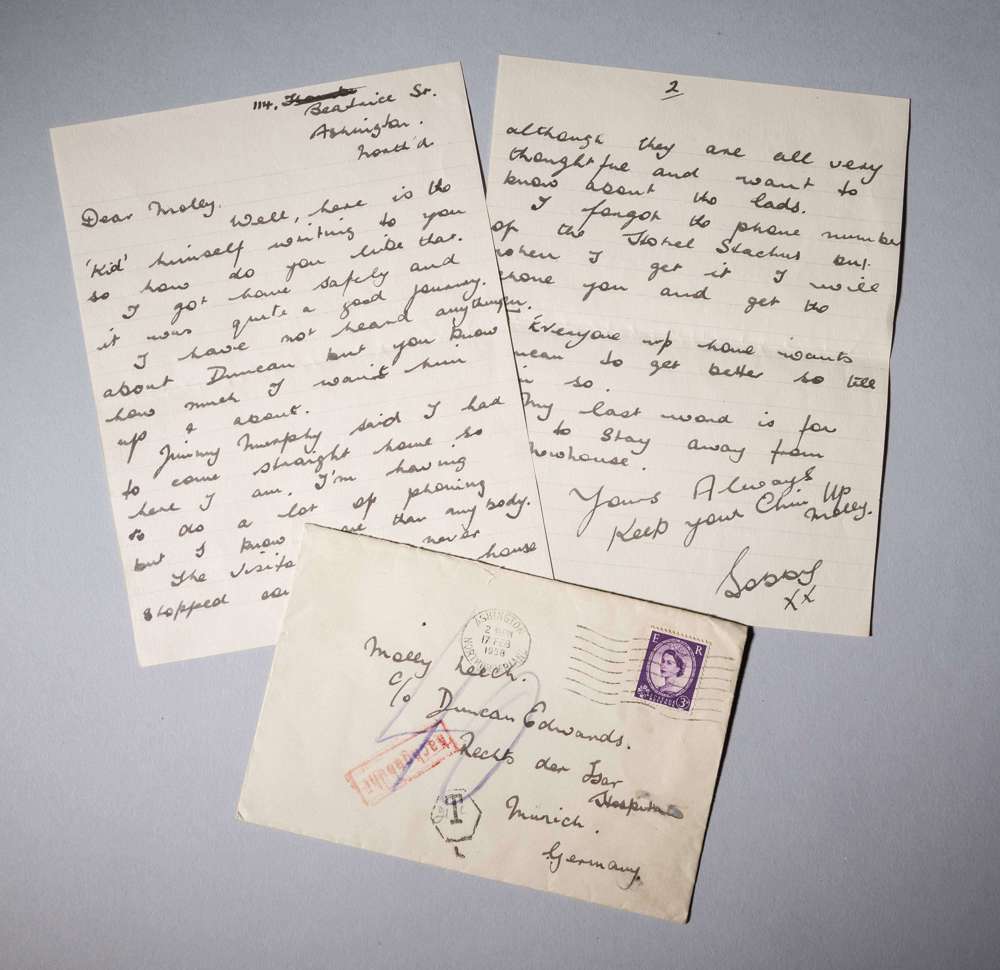 A handwritten letter from Manchester United's Bobby Charlton to Molly Leech Fiancée of Duncan Edwards dated 17th February 1958